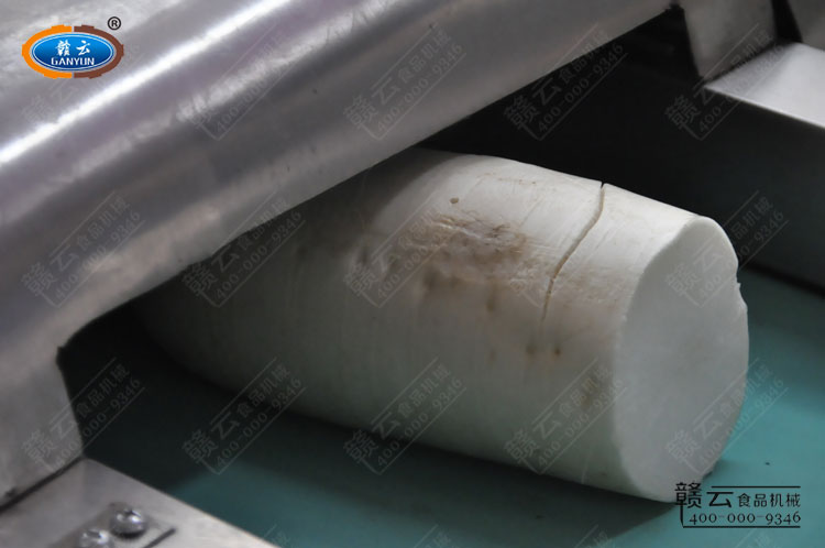 將整個蘿卜放入定做切菜機(jī)輸送帶內(nèi)